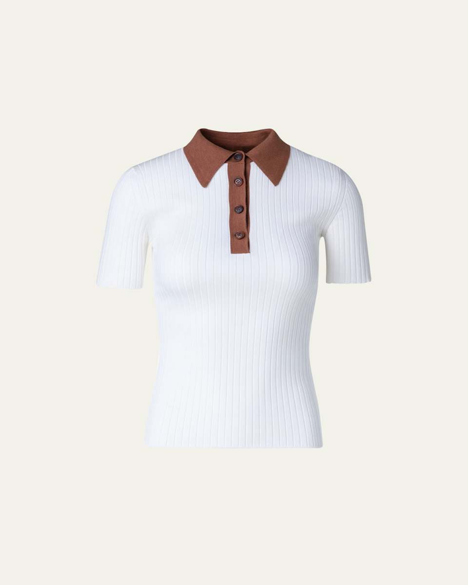 Silk Cotton Ribbed Knit Polo Top