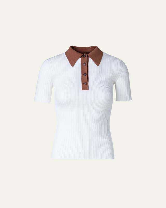 Silk Cotton Ribbed Knit Polo Top