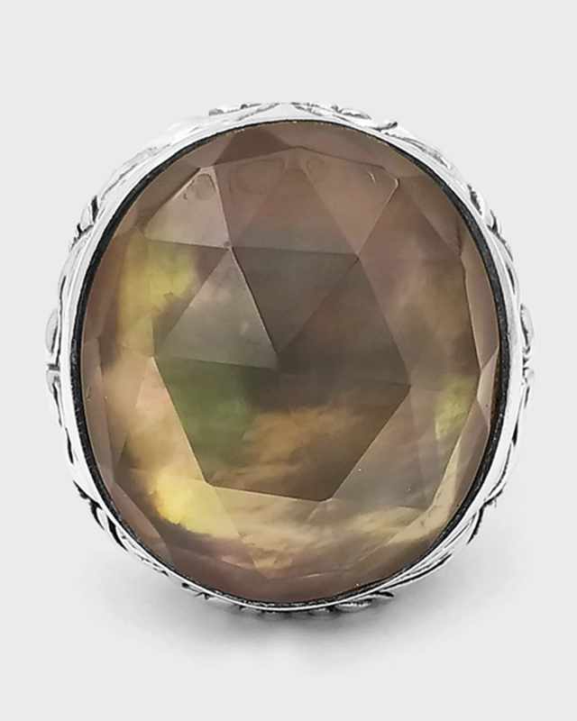 Faceted Smoky Quartz and White Mother-of-Pearl Dome Ring in Engraved Sterling Silver