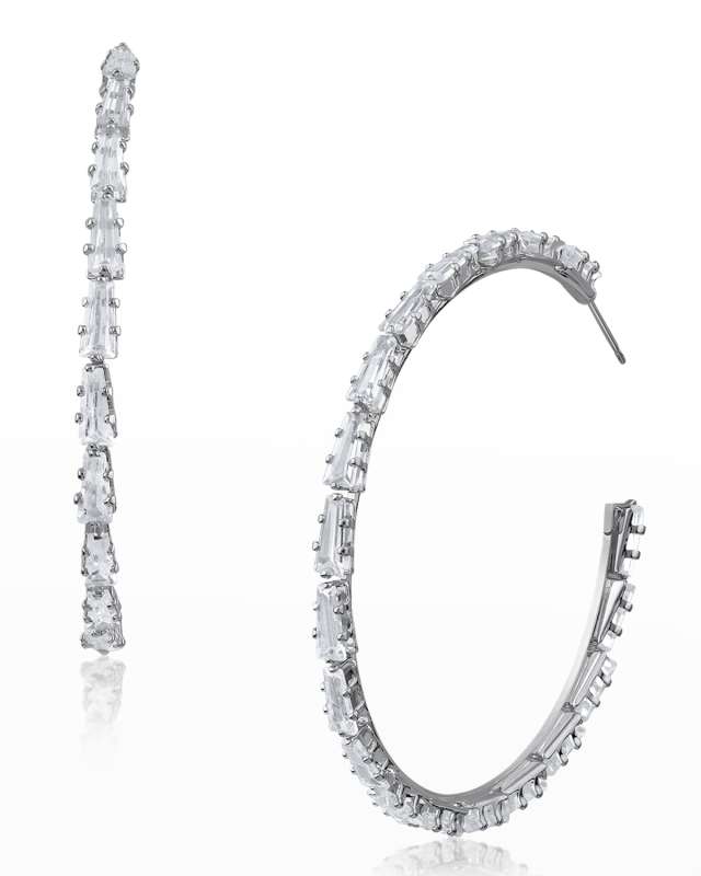 Tapered Baguette Cubic Zirconia Hoop Earrings, 2"L