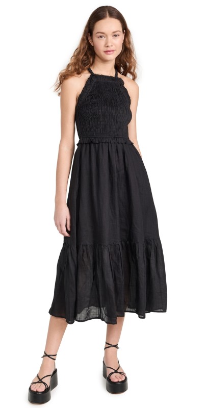Sea Cole Smocked Ramie Midi Dress Black