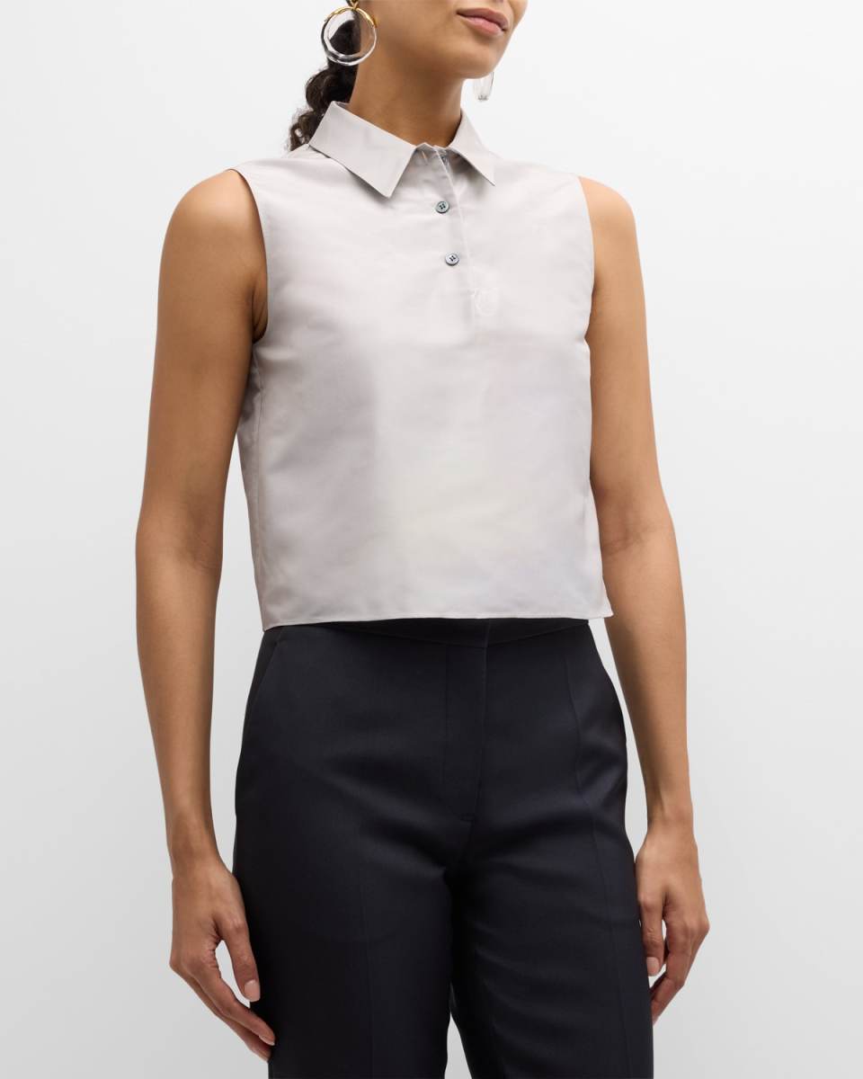Shantung Silk Sleeveless Crop Polo Top
