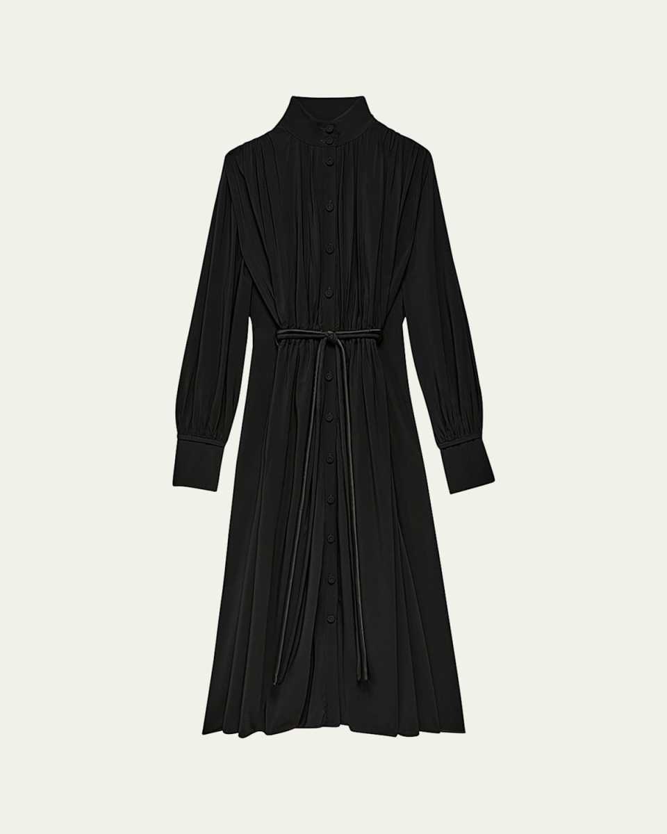 Long Pleated Drawstring Shirtdress