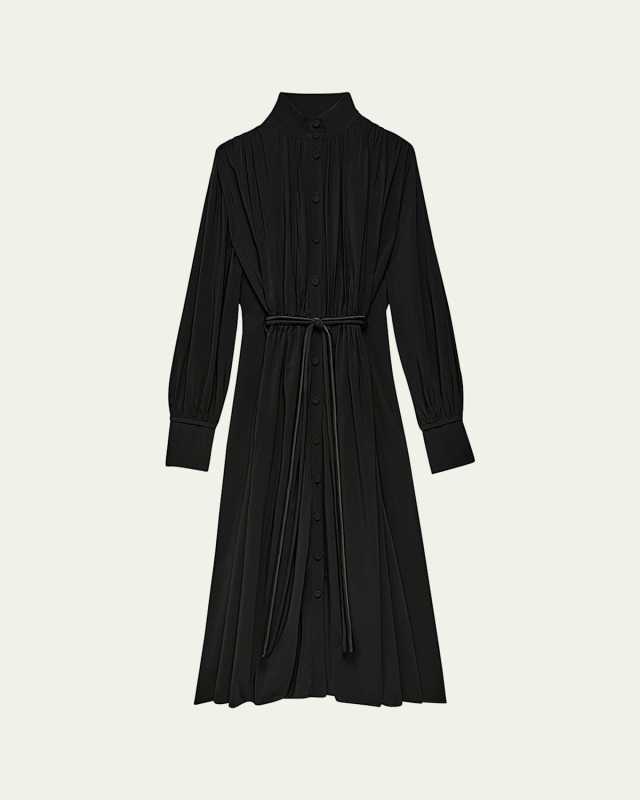 Long Pleated Drawstring Shirtdress