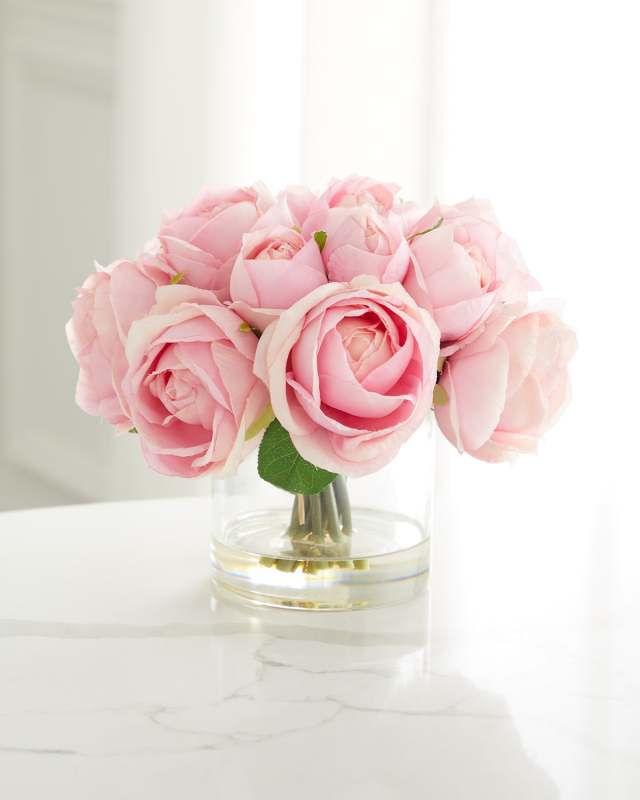 Faux Rose Bouquet in Clear Glass Vase - 9"