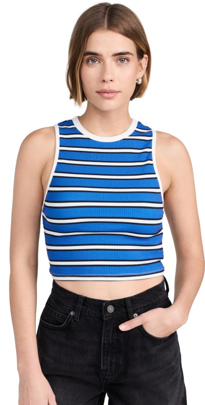 alice + olivia Andre Fitted Cropped Tank Teakwood Stripe French Blue