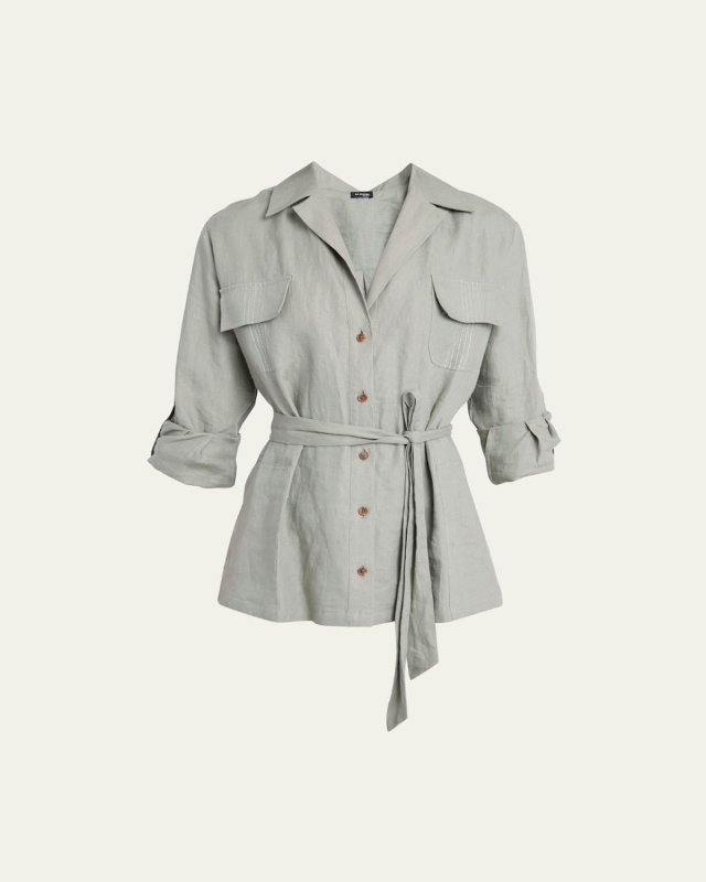 Button Down Tie-Waist Linen Shirt
