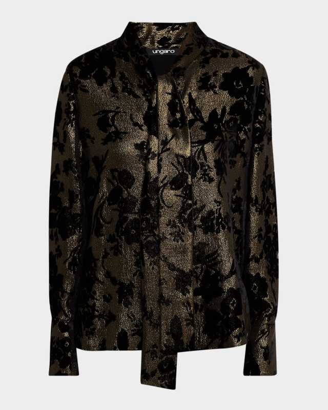 Tie-Neck Metallic Floral Jacquard Blous