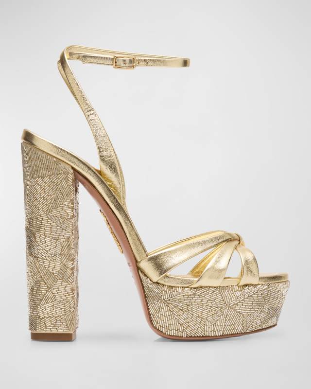 Beaded Metallic Leather Platform Sandals
