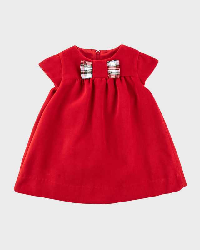 Girl's Velvet Dress W/ Plaid Taffeta Bow, Size 6M-24M