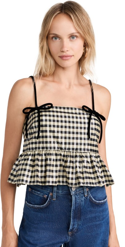 GANNI Shiny Check Jacquard Top Lemon Icing