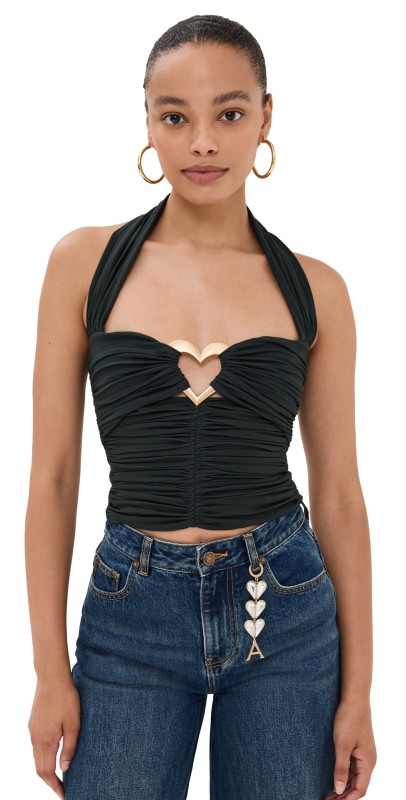 AREA Heart Ruched Halter Top Dark Green
