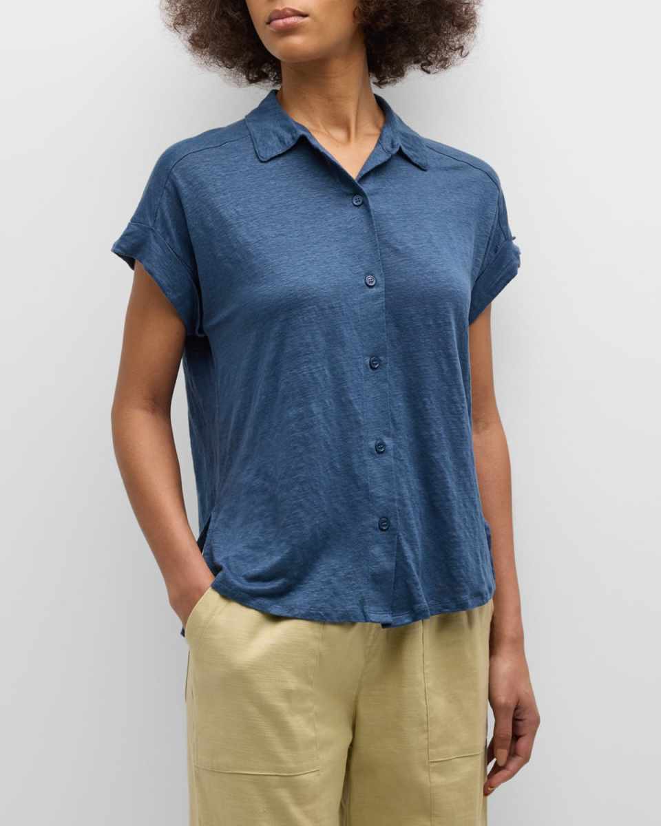 Stretch Linen Short-Sleeve Shirt with Rolled Cuffs