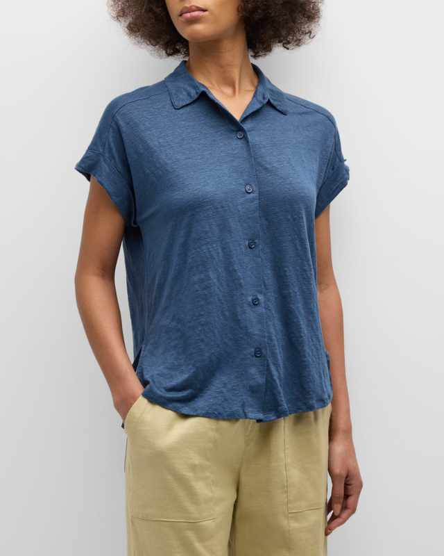 Stretch Linen Short-Sleeve Shirt with Rolled Cuffs