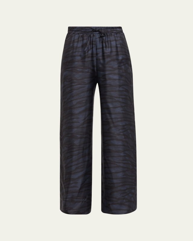 Tiger Print Drawstring Wide Leg Silk Pajama Trousers