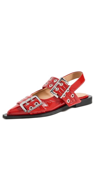 GANNI Buckle Ballerina Napalack Flats Racing Red