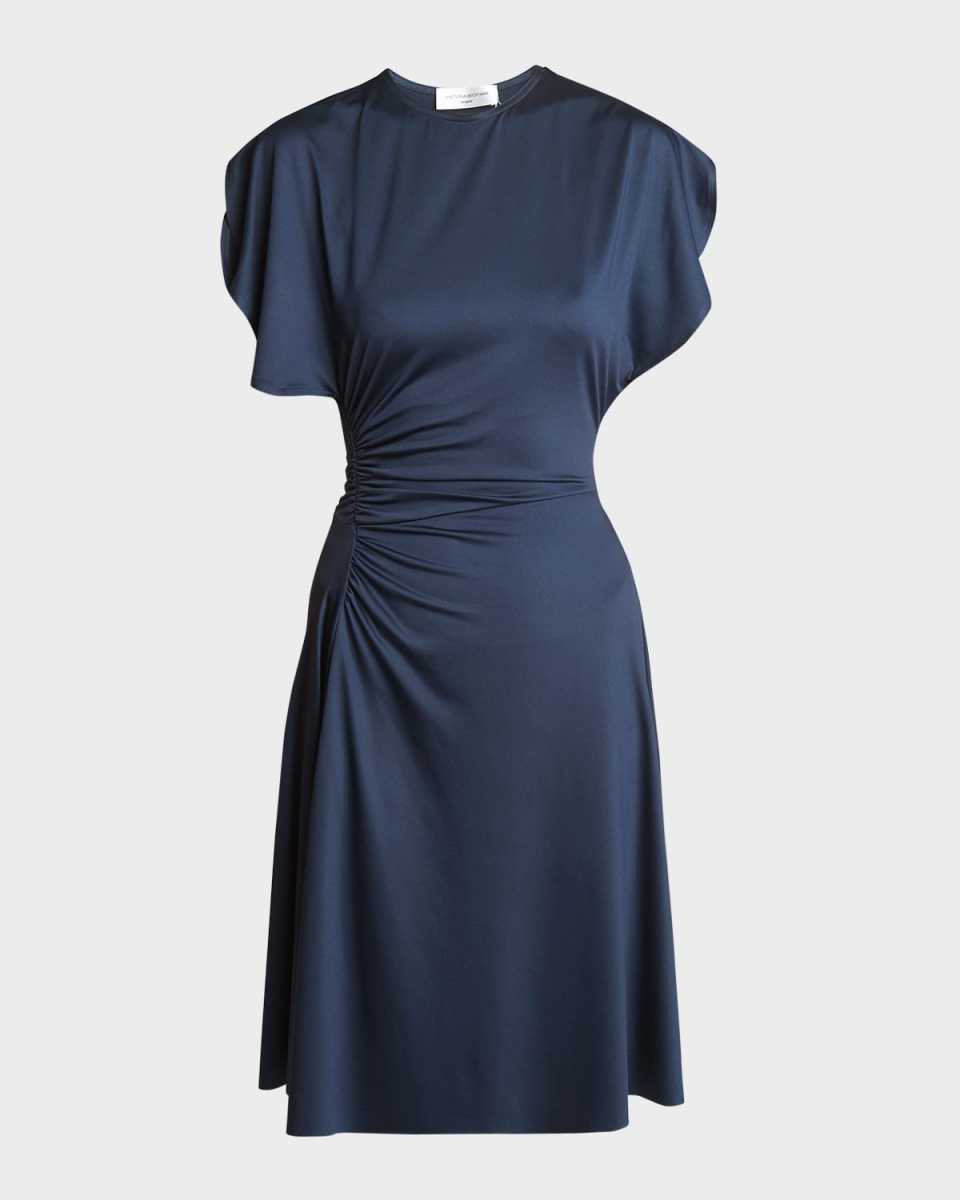Ruched Flutter-Sleeve A-Line Dress