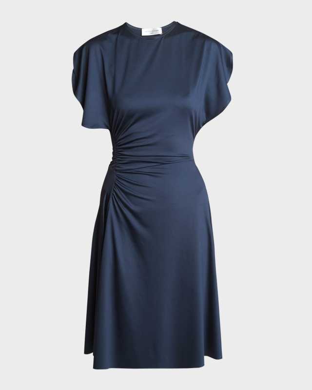 Ruched Flutter-Sleeve A-Line Dress