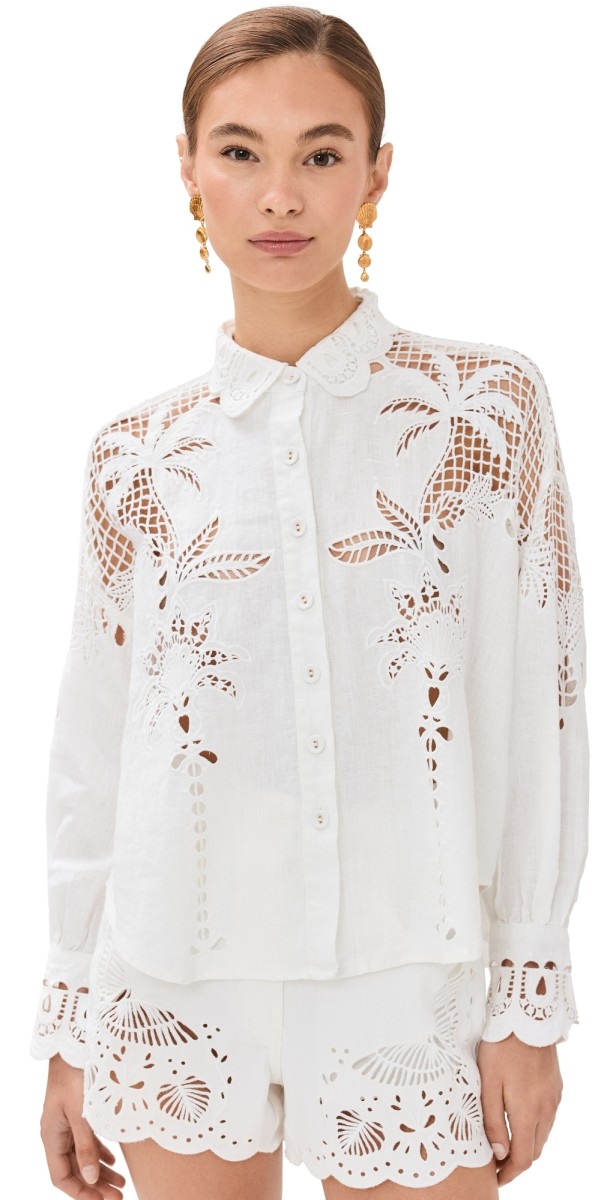 FARM Rio White Palms Richelieuong Sleeve Shirt Off-White