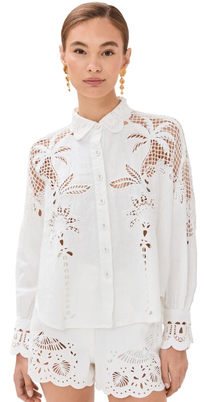 FARM Rio White Palms Richelieuong Sleeve Shirt Off-White