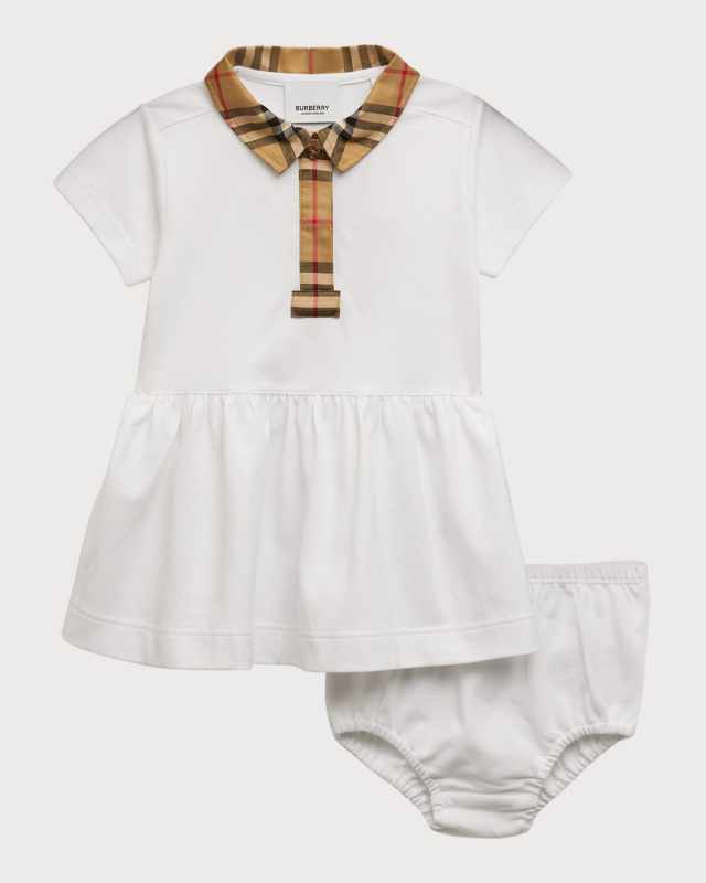 Girl's Tavi Check-Trim Polo Dress & Bloomers, Size Newborn-18