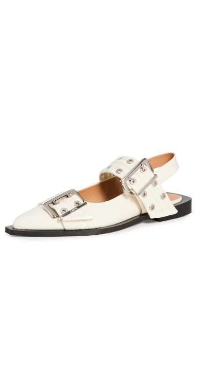 GANNI Wide Welt Buckle Ballerina Flats Naplack Egret