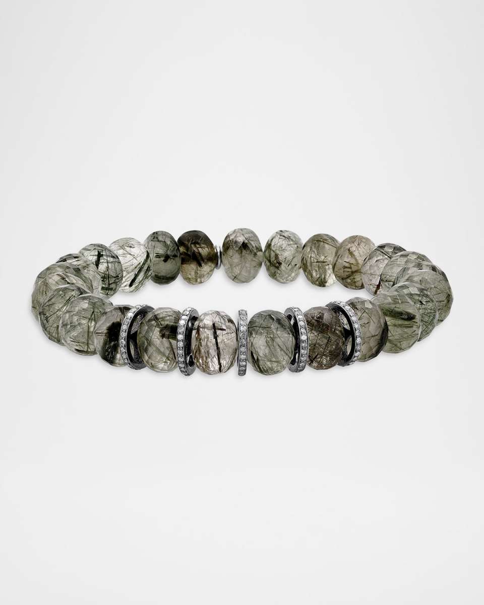 10mm Green Rutilated Quartz Bead Bracelet with Five Diamond Rondelles