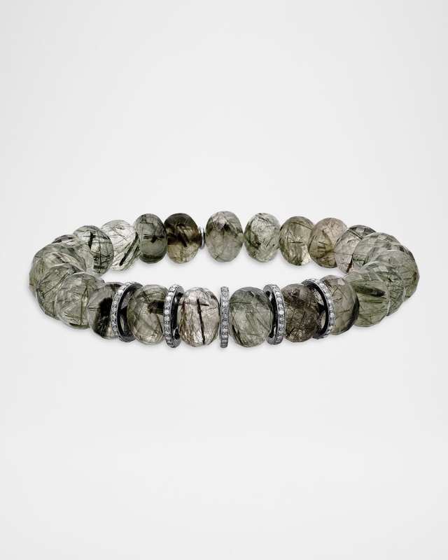 10mm Green Rutilated Quartz Bead Bracelet with Five Diamond Rondelles