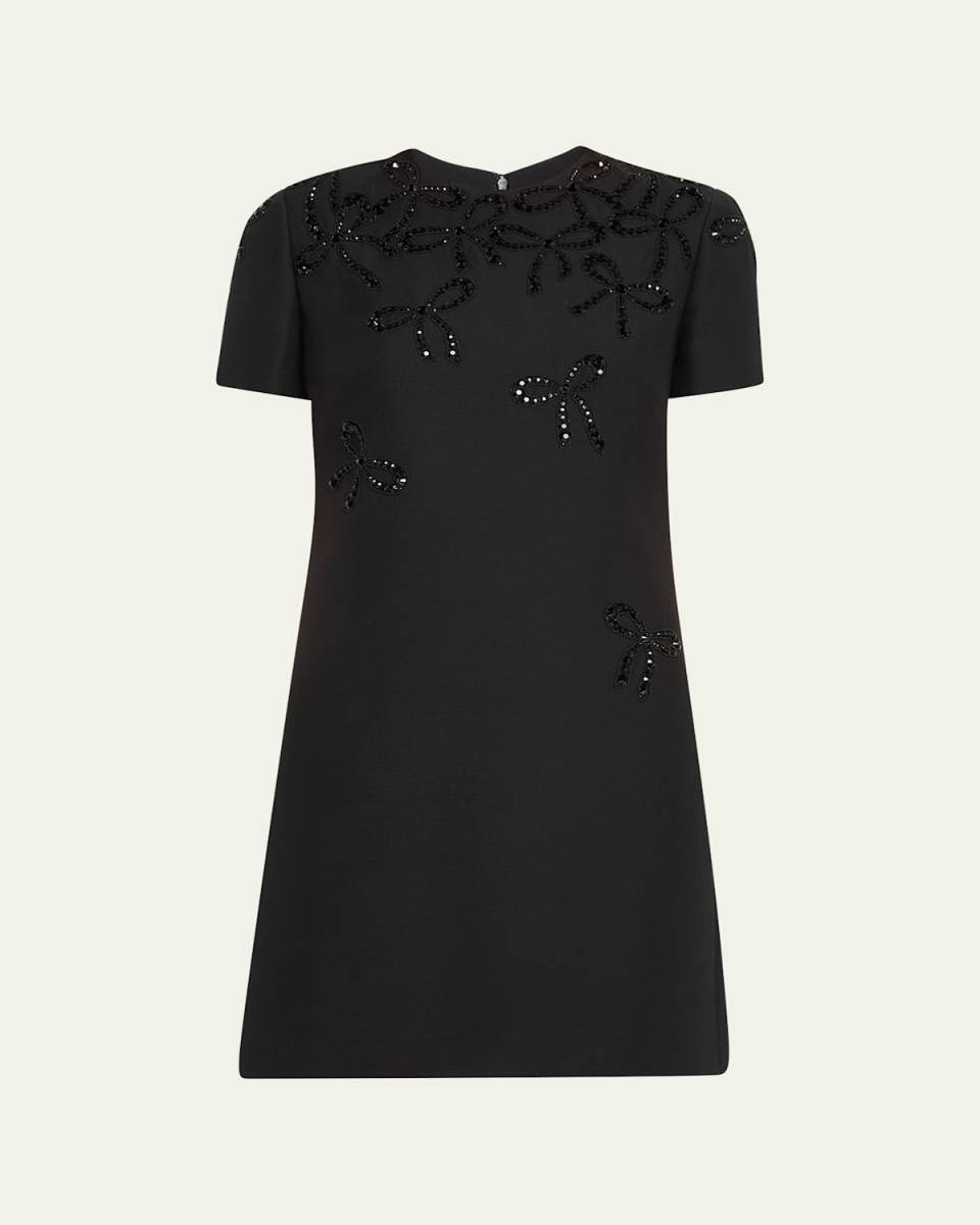 Embroidered Falling Bow Short-Sleeve Mini Dress