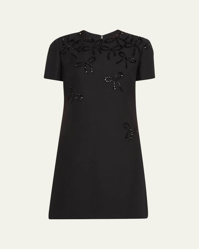 Embroidered Falling Bow Short-Sleeve Mini Dress