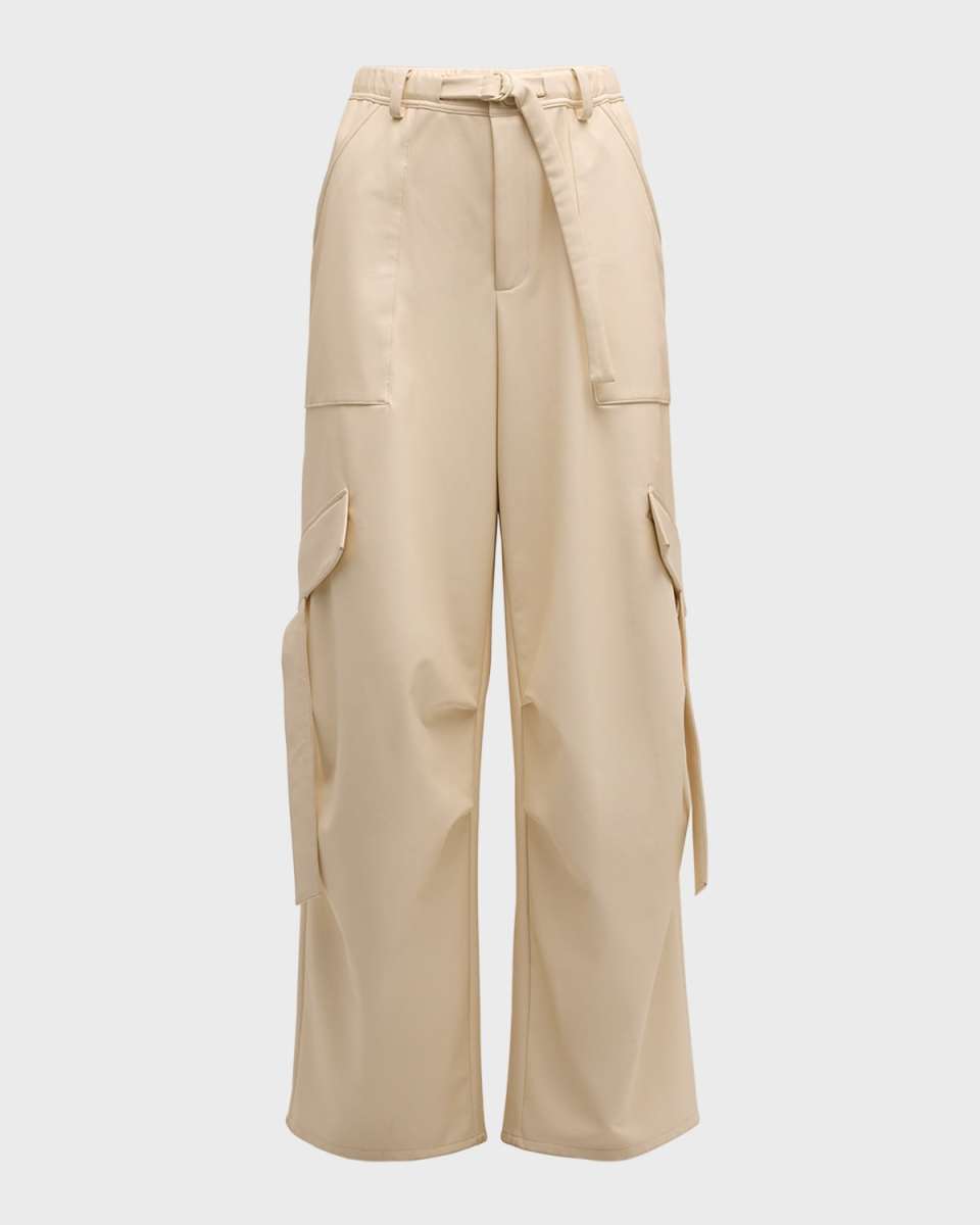 Faux Leather Belted Wide-Leg Utility Pants