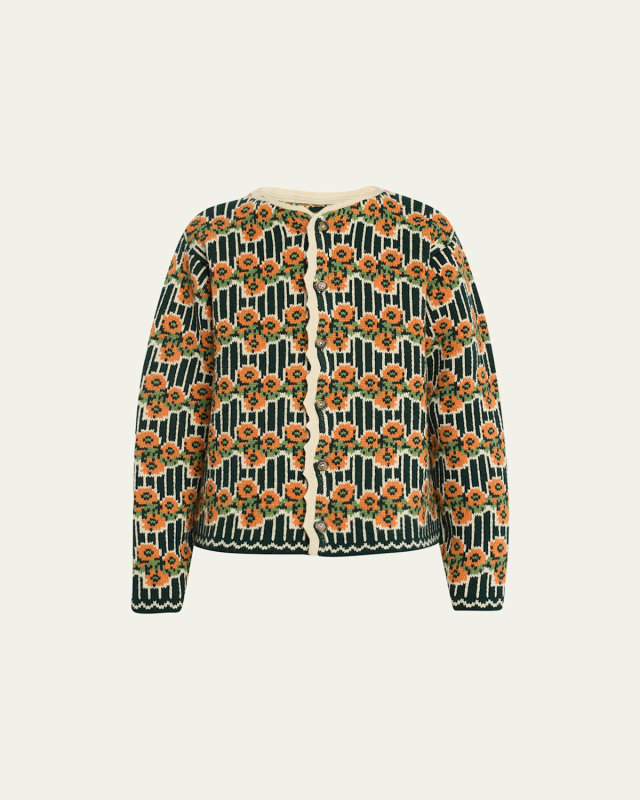 Garden Floral Stripe Jacquard Wool Cardigan