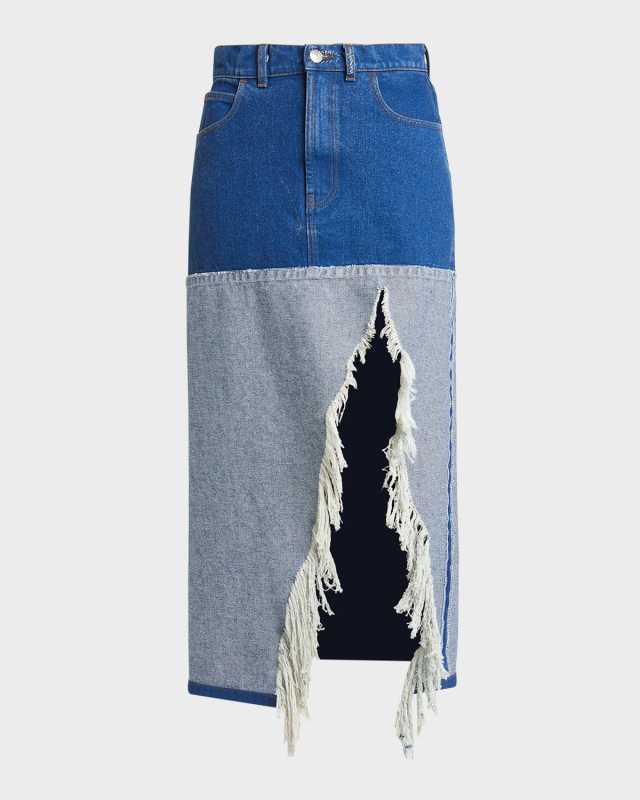 Distressed Slit-Hem Midi Denim Skirt