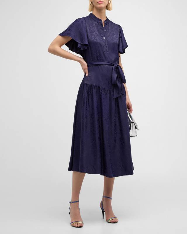 Lucia Flutter-Sleeve Animal Jacquard Midi Dress