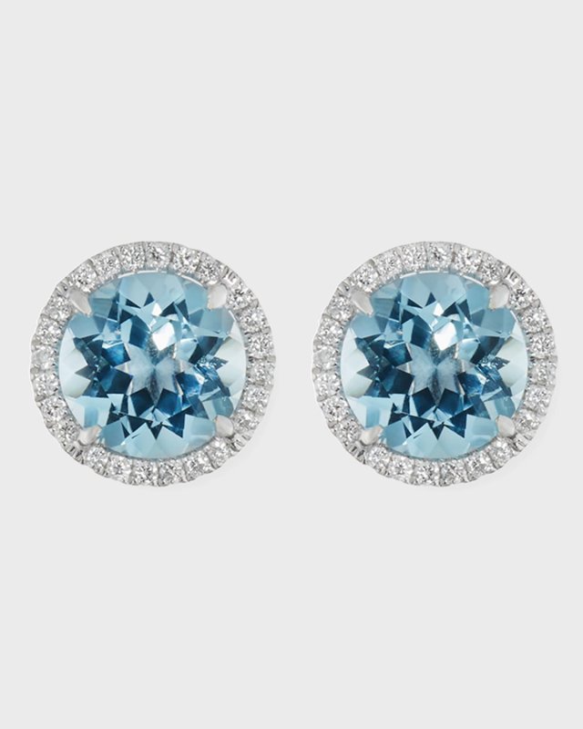 18K White Gold Blue Topaz Diamond Halo Stud Earrings