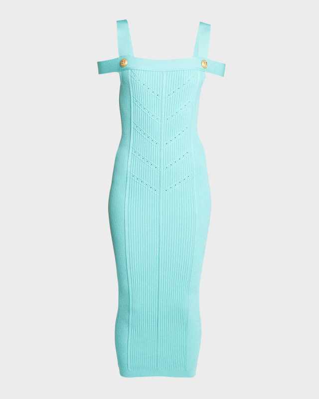 Off-Shoulder Knit Midi Dress with Button Details