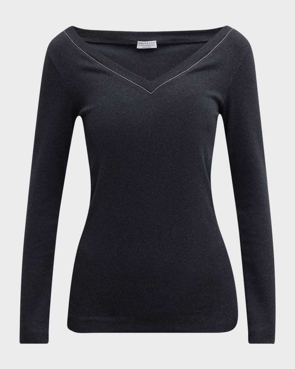 Ribbed Jersey V-Neck Top with Monili Edging