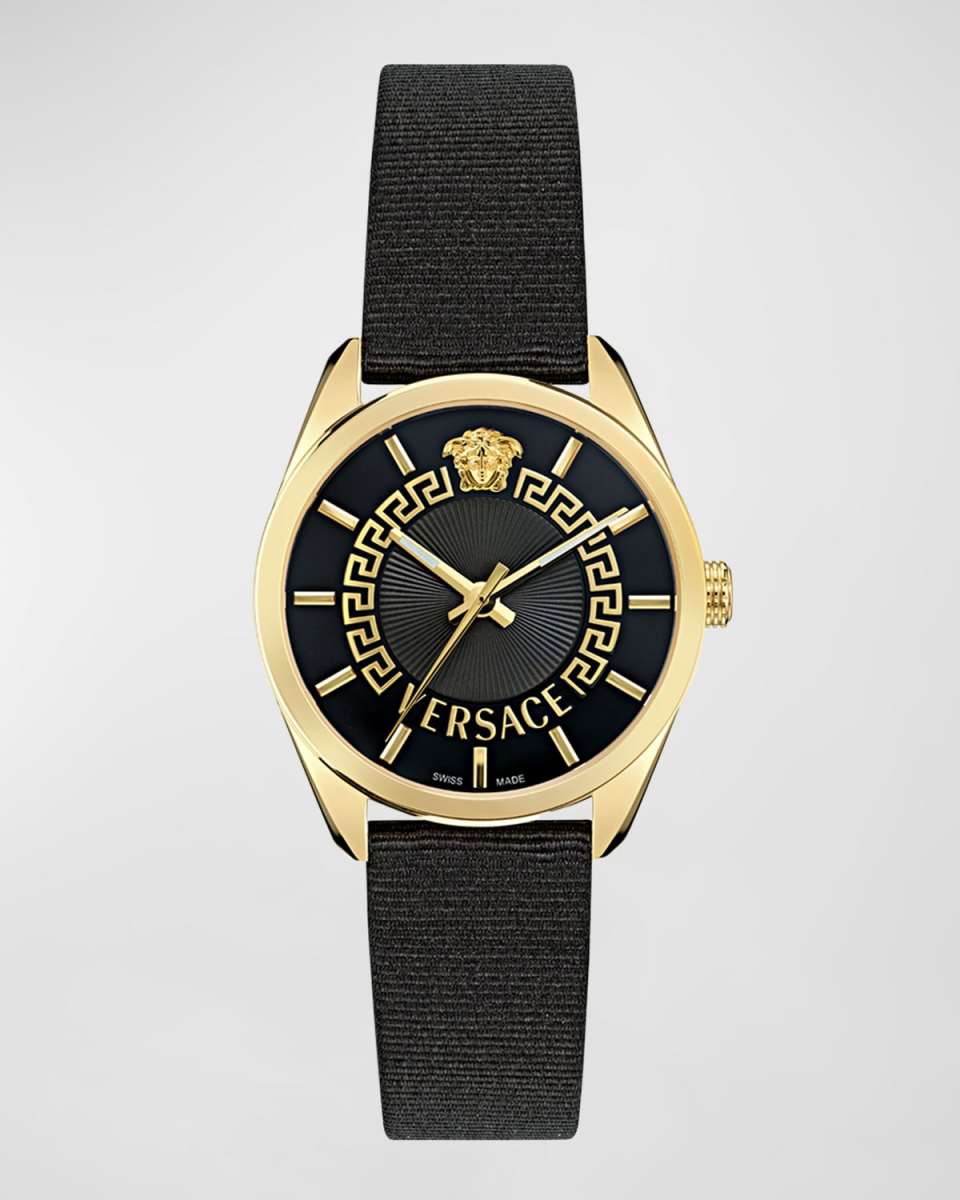 V-Circle 36mm IP Yellow Gold Watch With Grosgrain Strap, Black