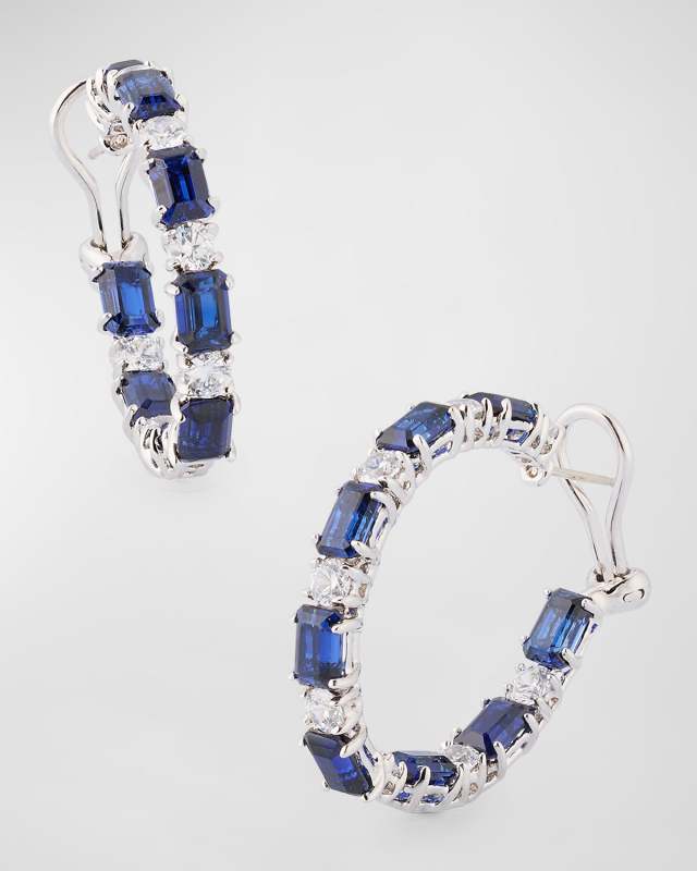 Baguette Sapphire and Round Cubic Zirconia Hoop Earrings