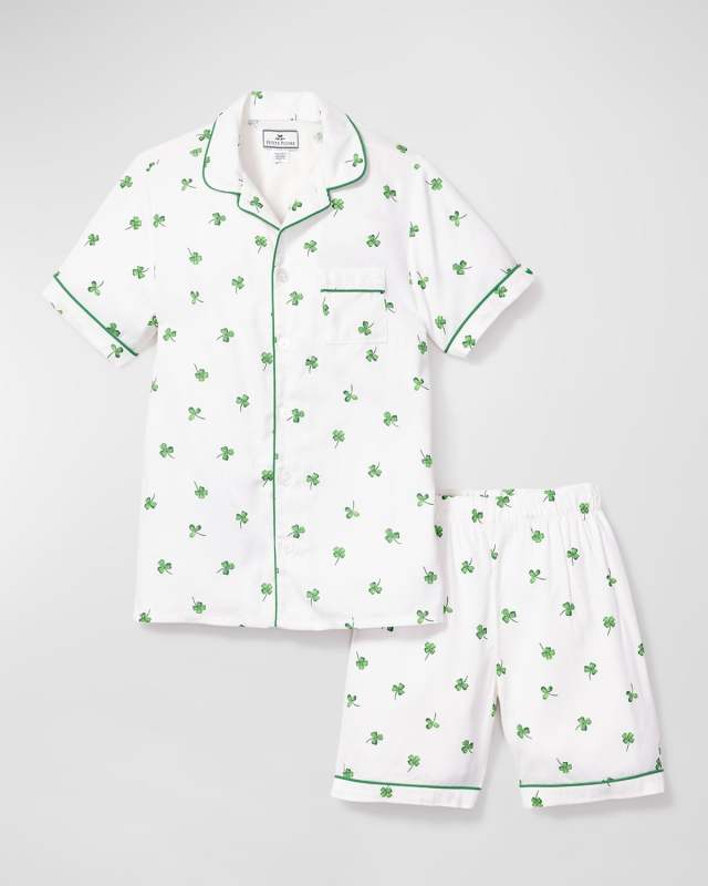 Kid's Shamrocks-Print Two-Piece Shorts Set, Size 6M-14