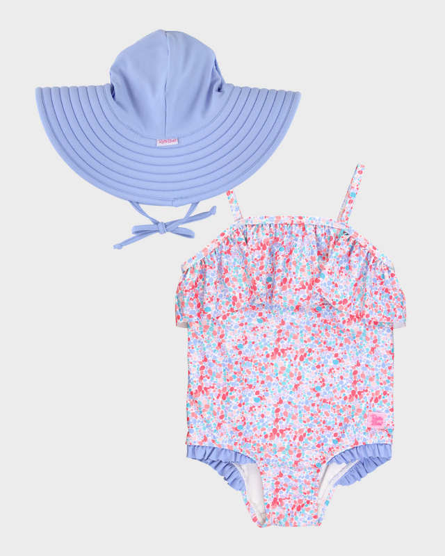 Girl's Shimmer On One-Piece Swimsuit and Hat Set, Size 3