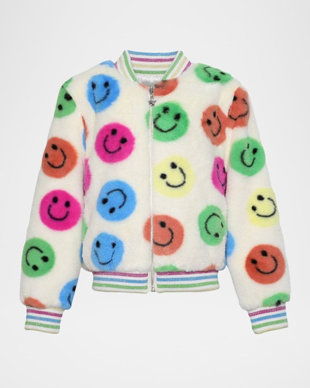 Girl's Rainbow Happy Face Plush Bomber Jacket, Size 2-14