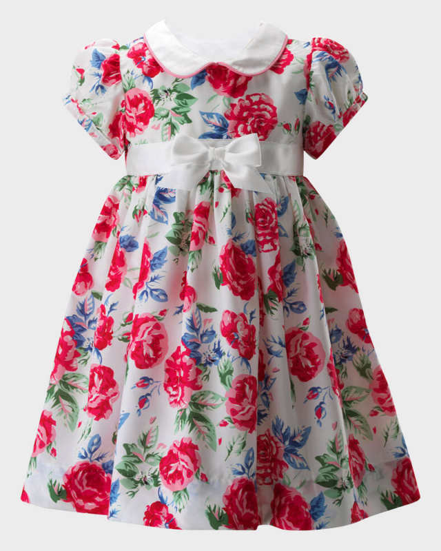 Girl's English Rose-Print Peter Pan-Collar Dress, Size 6M-