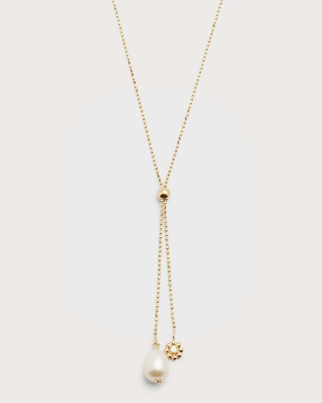 14K Adjustable Duo Charm Necklace with Diamond and Pearl