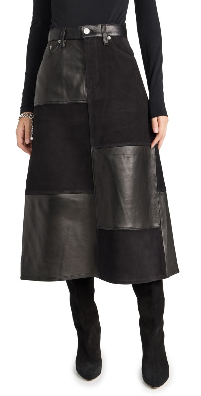 RE/DONE Mid Rise Leather Patchwork Skirt Black