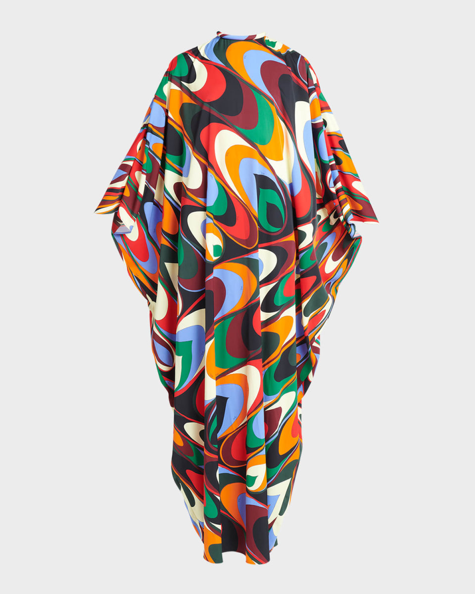 Wavy-Print Chain Open-Back Kaftan Maxi Dress