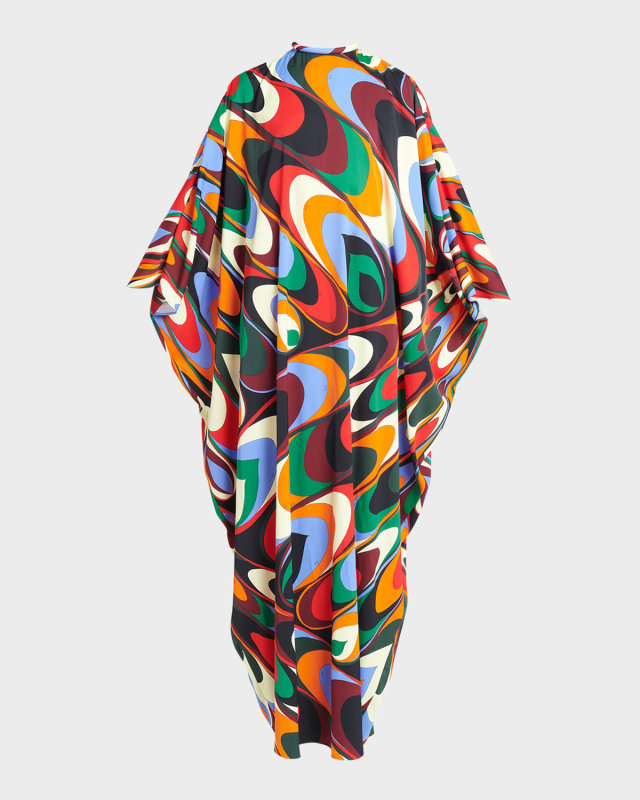 Wavy-Print Chain Open-Back Kaftan Maxi Dress