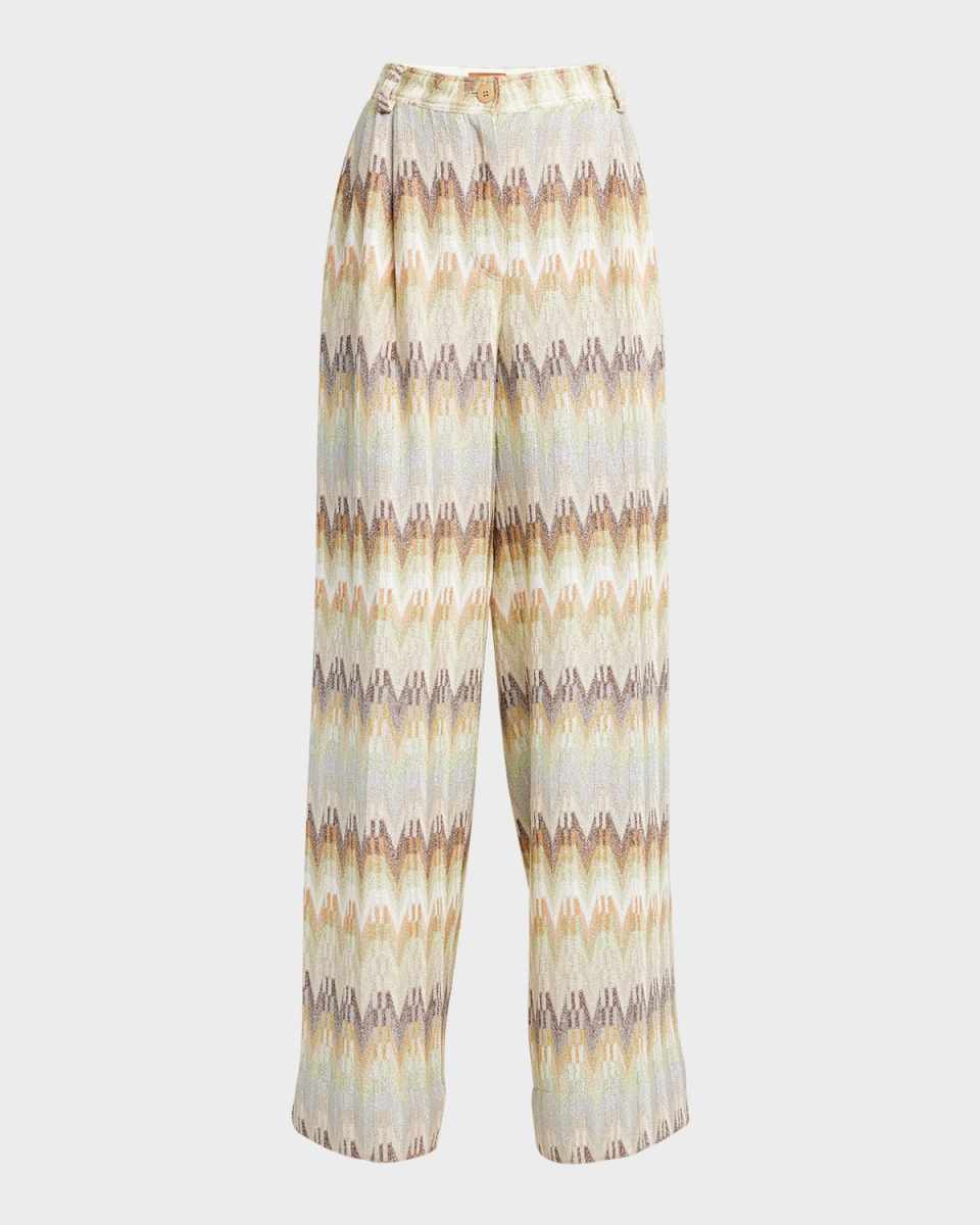 Metallic Chevron Pleated Straight-Leg Trousers