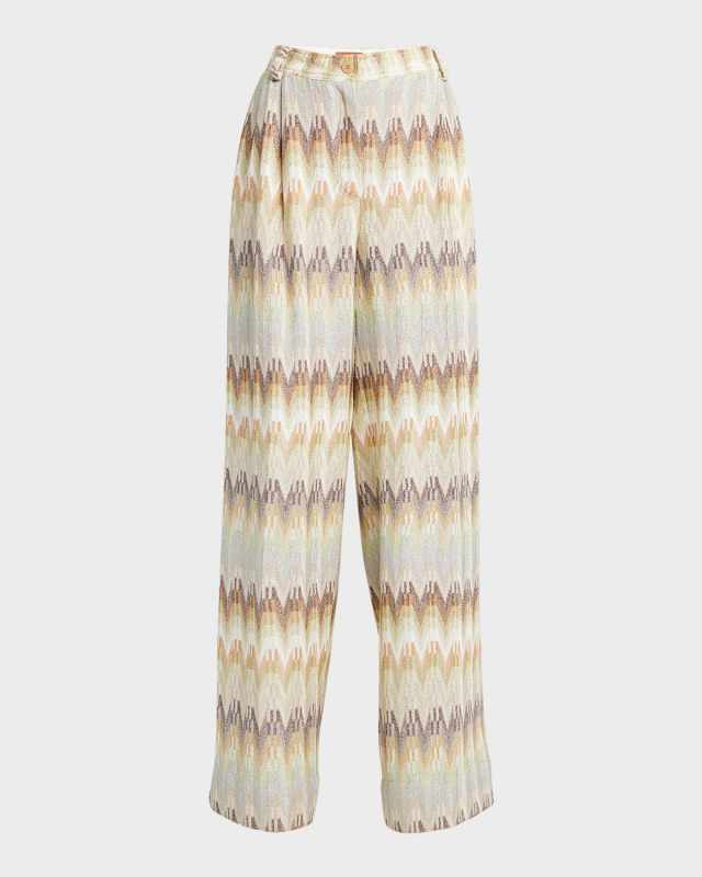 Metallic Chevron Pleated Straight-Leg Trousers