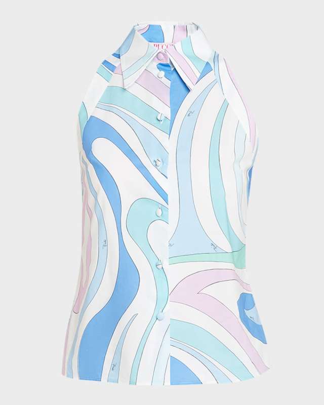 Swirl-Print Sleeveless Button-Front Shirt